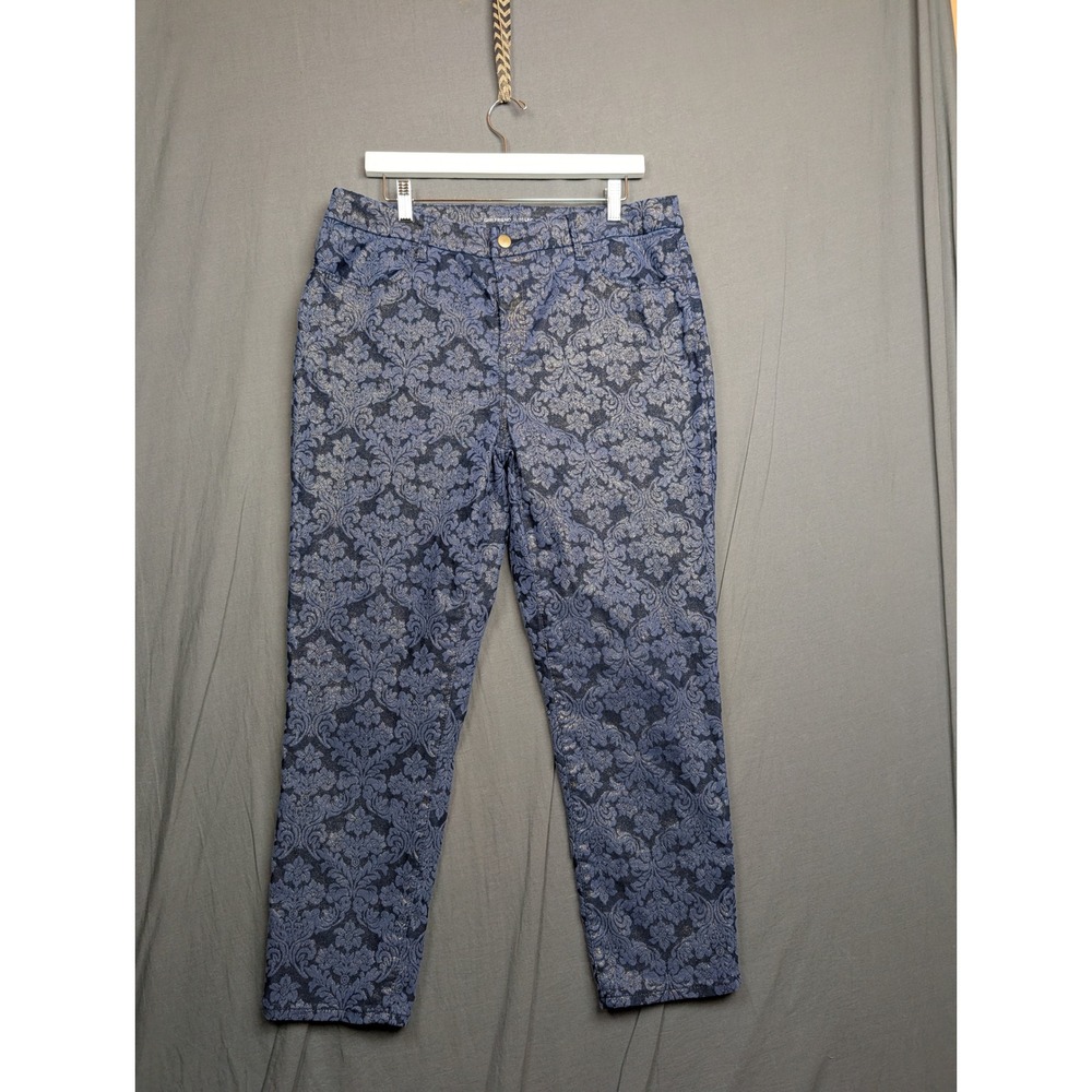 Chicos Girlfriend Slim Leg Ankle Pants Blue Gold Damask Metallic Size 2.5 14/16